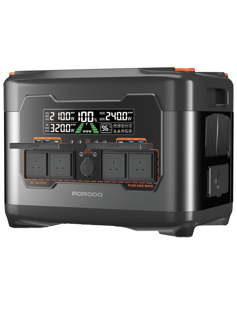 porodo Portable Power Station with 2400W Power, 2047.5Wh Battery, 100W PD Fast Charging, Power Generator with Solar Charging, Multi Mode LED Lighting, Instant Backup Power, Versatile Output Ports, Smart Safety Features - Image 1